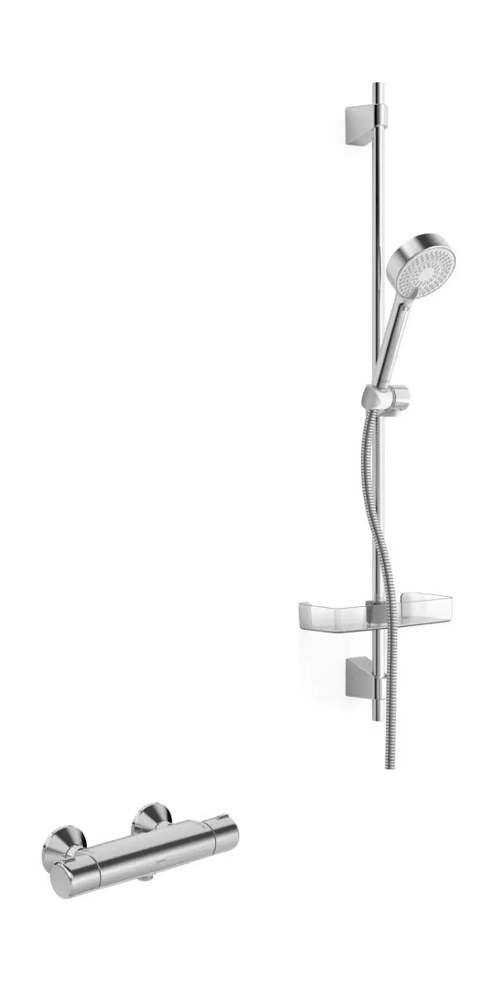 HANSAMICRA Brausebatterie und Brausegarnitur in Chromoptik, bestehend aus Handbrause, Schlauch und Halterung, montiert an einer Wand.